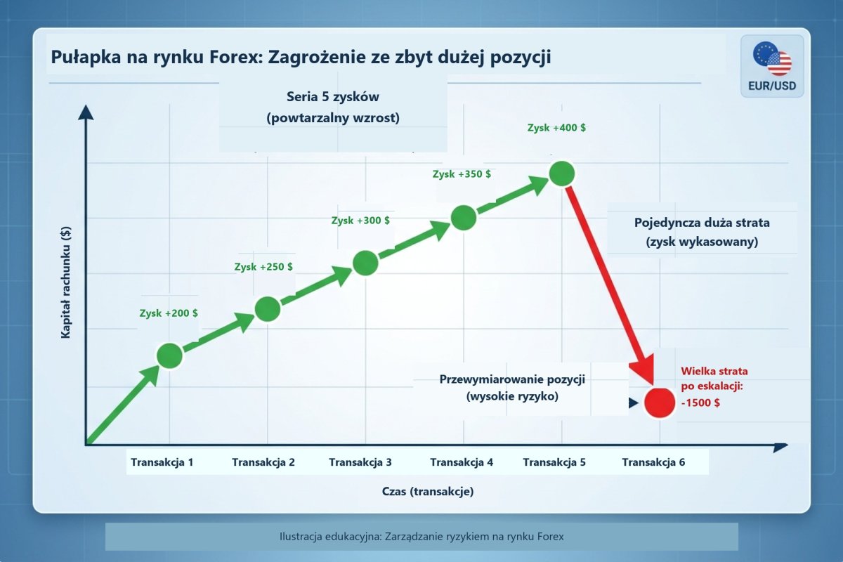 Krzywa kapitału po serii pięciu zysków: eskalacja wielkości pozycji i pojedyncza strata kasująca wypracowany zysk