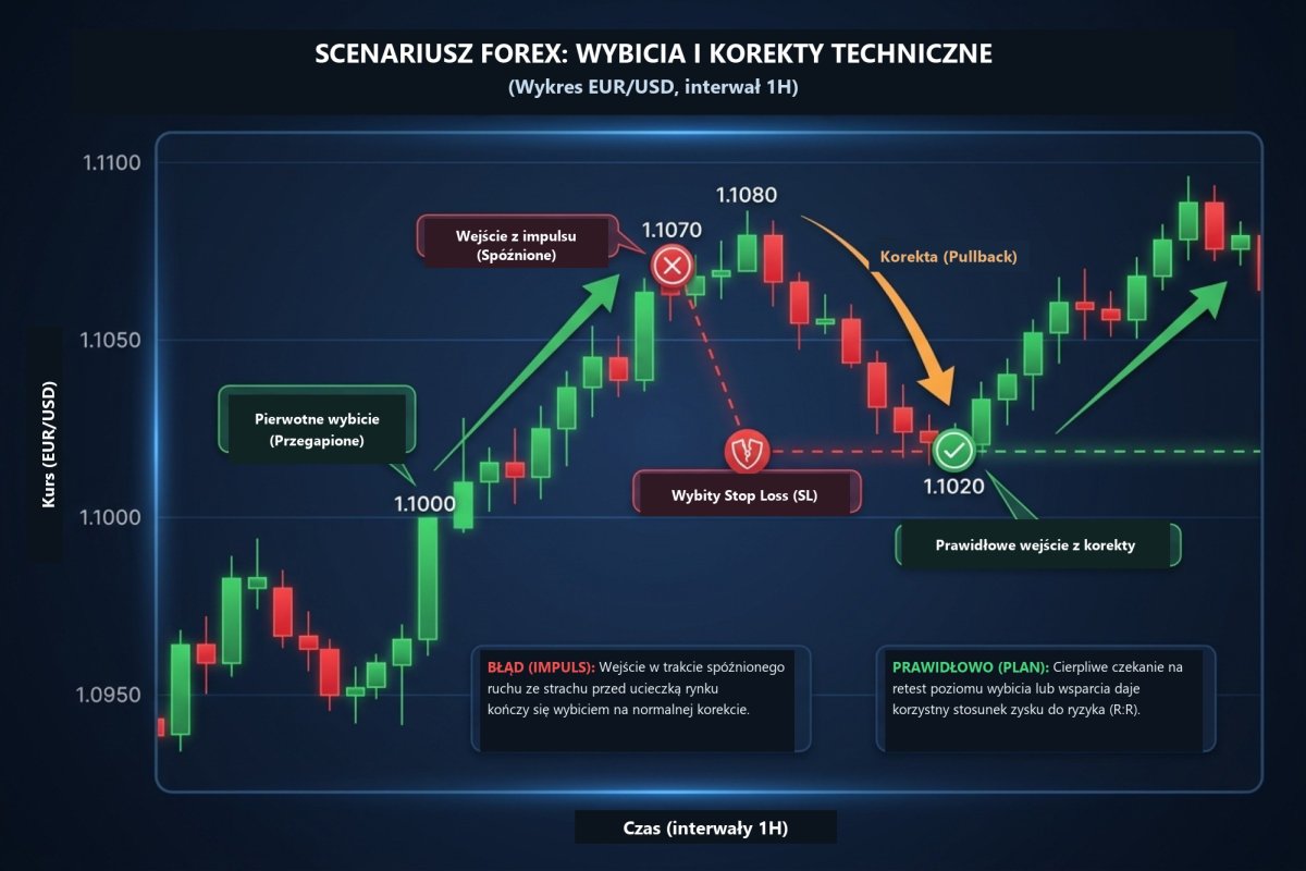 Porównanie wejścia impulsywnego z wejściem zgodnym z planem na wykresie EUR/USD: egzekucja bez sygnału vs zdyscyplinowane czekanie