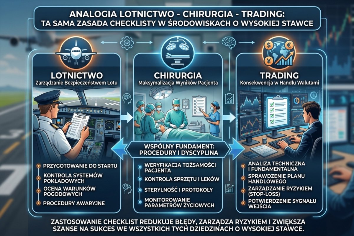 Lista kontrolna wykonywana przez zespół w sali operacyjnej i pojedynczy trader przy biurku — porównanie warunków, w których ten sam mechanizm działa inaczej