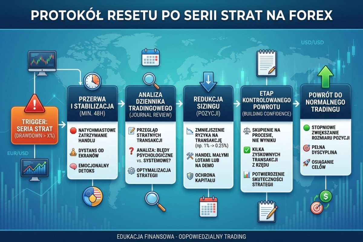 Schemat blokowy procedury przerwania i powrotu — warunek uruchomienia, blokada kolejnego zlecenia, przerwa z przeglądem zapisu, warunek wznowienia, warunek uznania, że procedura nie działa, oraz pole na ślad pozostawiany w dzienniku