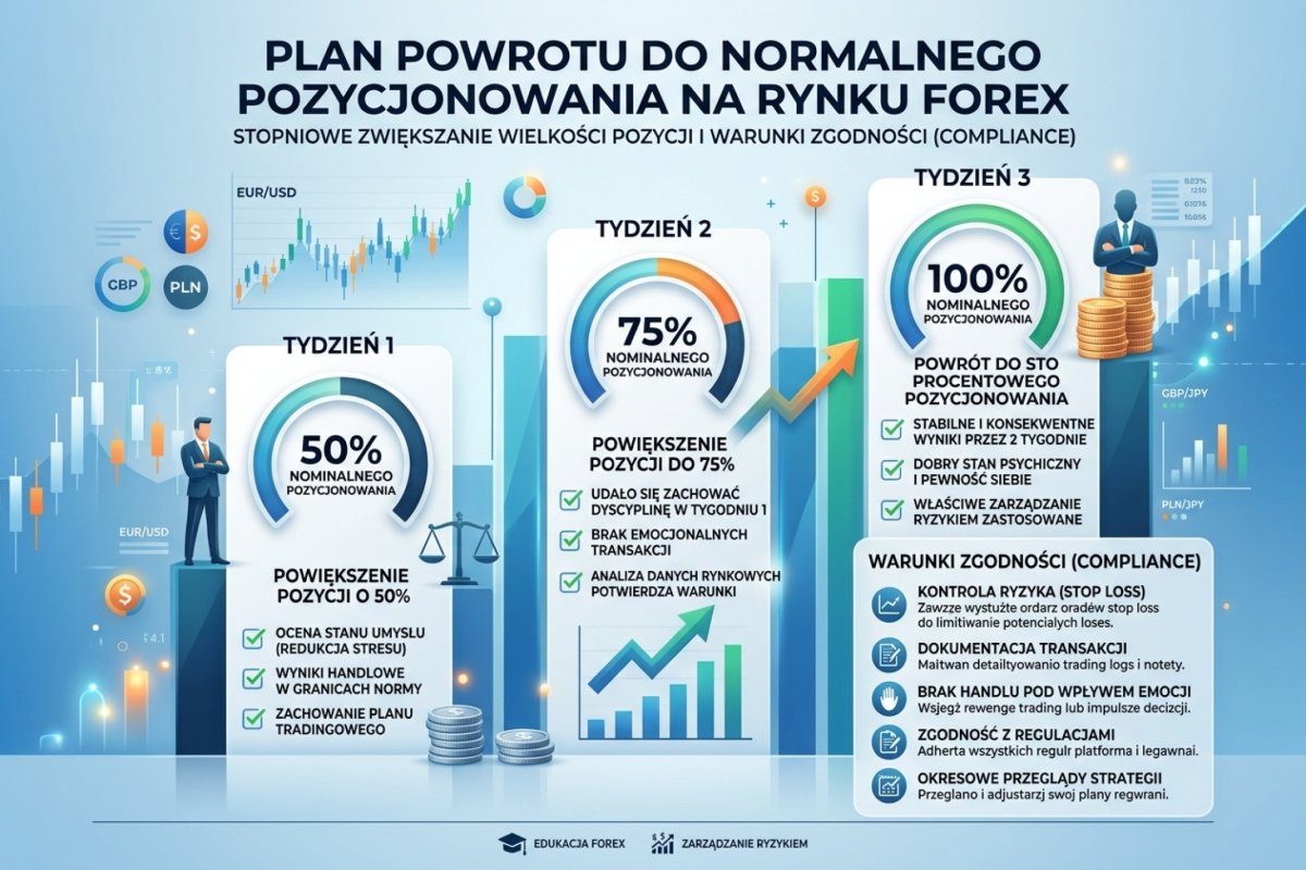 Powrót do handlu rozłożony na kolejne etapy o rosnącej ekspozycji, z zaznaczonym warunkiem przejścia między etapami i strzałką cofającą do etapu poprzedniego po przekroczeniu limitu