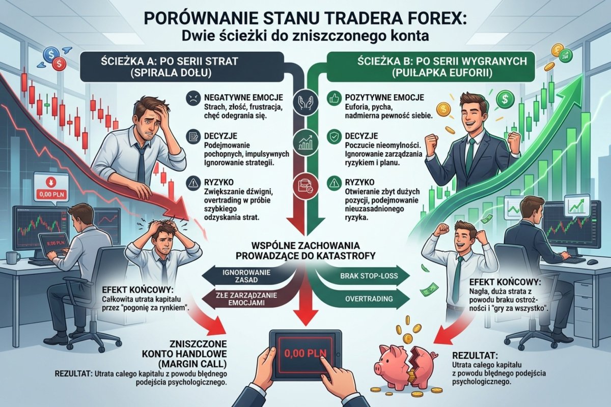 Dwie identyczne karty procedury leżące obok siebie na biurku, każda z tymi samymi czterema pustymi polami do wypełnienia — warunek uruchomienia, działanie, kryterium zakończenia i ślad audytowy — oraz z osobnym miejscem na kryterium niedziałania pod nimi, jedna przeznaczona na przerwanie po serii strat, druga po serii zysków