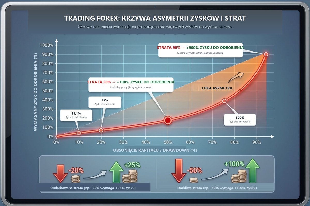 Wykres asymetrii zysków i strat: wykładniczy wzrost stopy zwrotu wymaganej do odrobienia obsunięcia kapitału