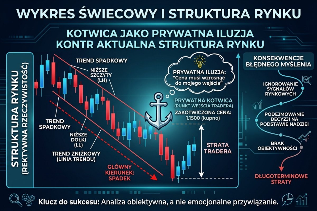 Zestawienie dwóch identycznych schematycznych przebiegów ceny ustawionych jeden nad drugim. Na górnym przebiegu narysowana jest jedna dodatkowa pozioma linia ciągła podpisana cena wejścia, a odległości od niej zaznaczone są cienkimi pionowymi kreskami. Dolny przebieg jest ten sam, ale bez tej linii; zaznaczone są na nim wyłącznie poziomy wynikające z kształtu wykresu. Podpis między przebiegami wskazuje, że różni je wyłącznie jedna linia widoczna tylko dla tradera