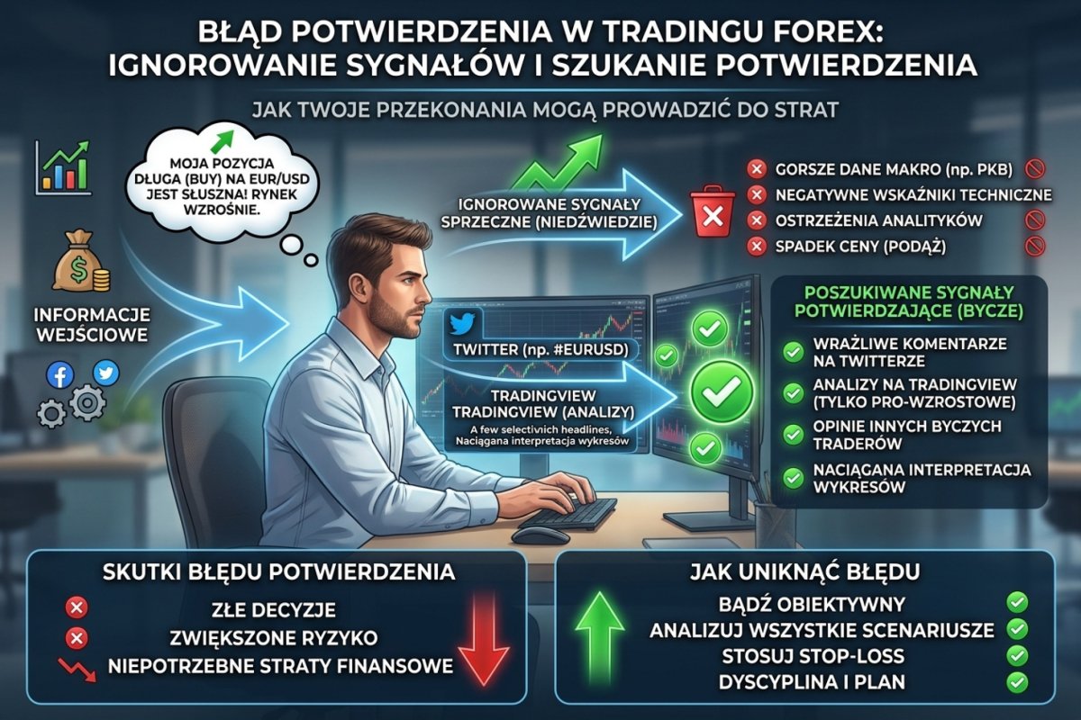 Schemat asymetrycznego progu akceptacji dowodów. Pośrodku prostokąt opisany hipoteza. Z lewej strony wchodzi do niego szeroki strumień strzałek podpisany dane zgodne z hipotezą, przechodzący bez przeszkody. Z prawej strony wchodzi wąski strumień podpisany dane przeczące, zatrzymany przed prostokątem pionową kreską opisaną wyższy próg. Pod schematem pozioma oś czasu z dwoma znacznikami: przed złożeniem zlecenia i po złożeniu zlecenia, przy czym asymetria strumieni rośnie po drugim znaczniku