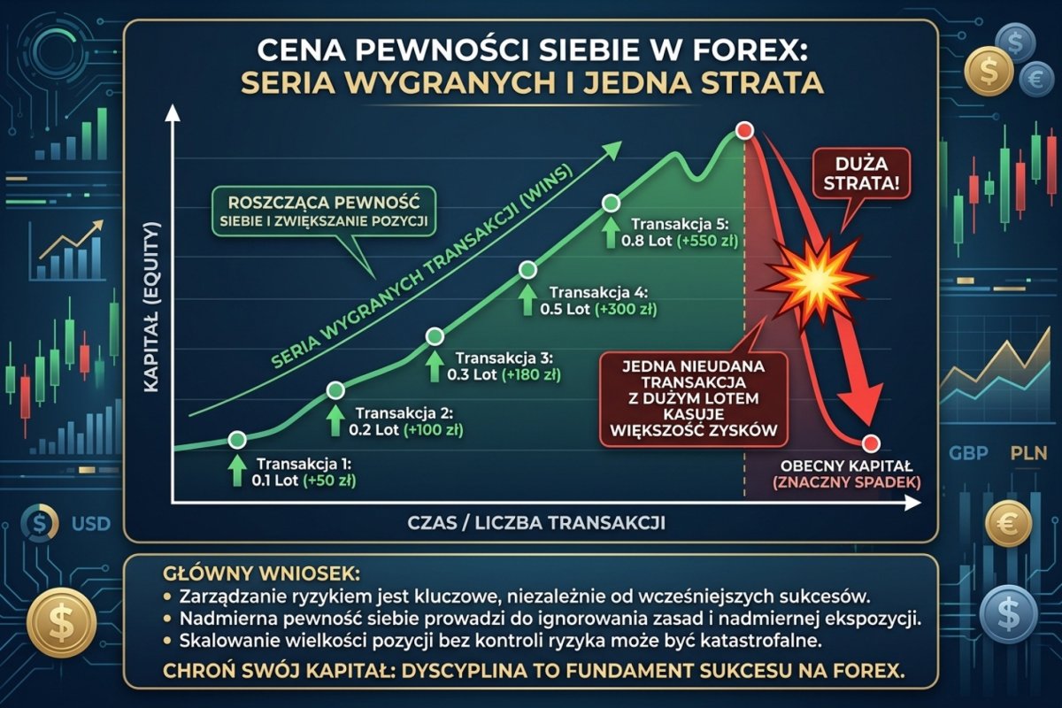Schemat sekwencji kolejnych decyzji przedstawiony jako rząd jednakowych prostokątów ustawionych wzdłuż poziomej osi. Nad rzędem biegnie prosta pozioma linia przerywana podpisana wielkość zapisana w planie. Wysokość prostokątów jest zgodna z tą linią na początku sekwencji i zaczyna rosnąć ponad nią po kilku polach oznaczonych jednym drobnym symbolem trafienia, po czym wraca do linii. Podpisy opisowe