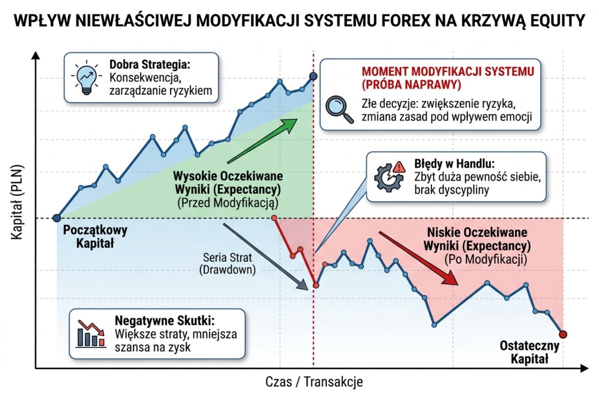 Jeden ciąg wyników decyzji przedstawiony jako pozioma linia łamana biegnąca przez całą szerokość rysunku. Na tym samym ciągu zaznaczone są dwa okna obserwacji narysowane prostokątnymi ramkami: wąska ramka obejmująca ostatni fragment po prawej stronie i szeroka ramka obejmująca cały ciąg. Przy każdej ramce podpis opisowy mówiący, jaki wniosek daje ten wycinek, przy czym oba wnioski są przeciwne