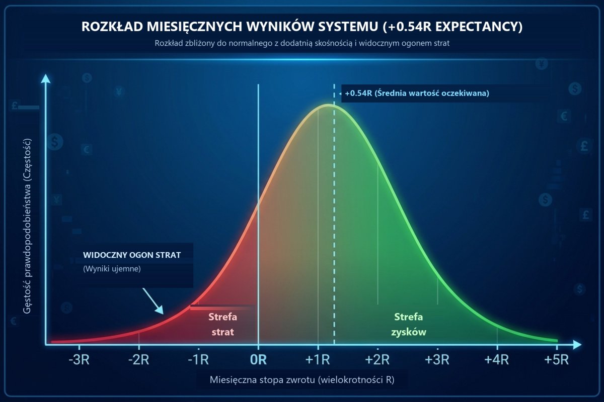 Rozkład miesięcznych wyników systemu transakcyjnego o dodatniej wartości oczekiwanej (+0.54R) z widocznym ogonem strat