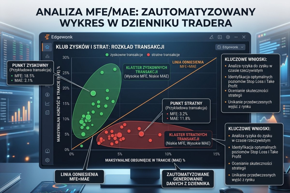 Zautomatyzowany wykres MFE vs MAE w dzienniku tradera Edgewonk: klastry zyskownych i stratnych transakcji oraz linia odniesienia MFE=MAE