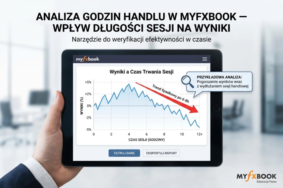 Wydruk zestawienia wyników pogrupowanych według pory rozpoczęcia sesji, leżący na biurku obok otwartego notatnika z pustą kolumną na wpis przedsesyjny