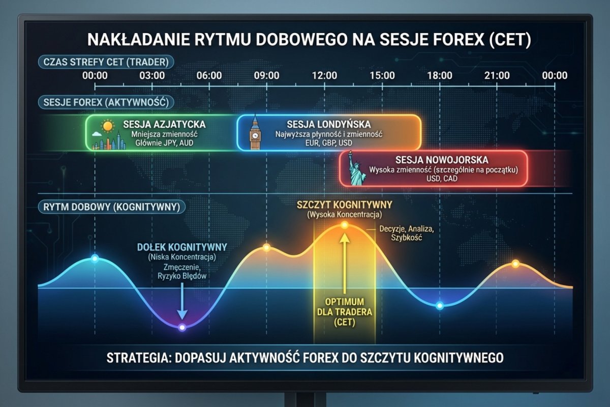 Tarcza zegara nałożona na oś doby z zaznaczonymi oknami sesji rynkowych, obok pustej tabeli z kolumnami na wpisanie liczby sesji i liczby naruszeń