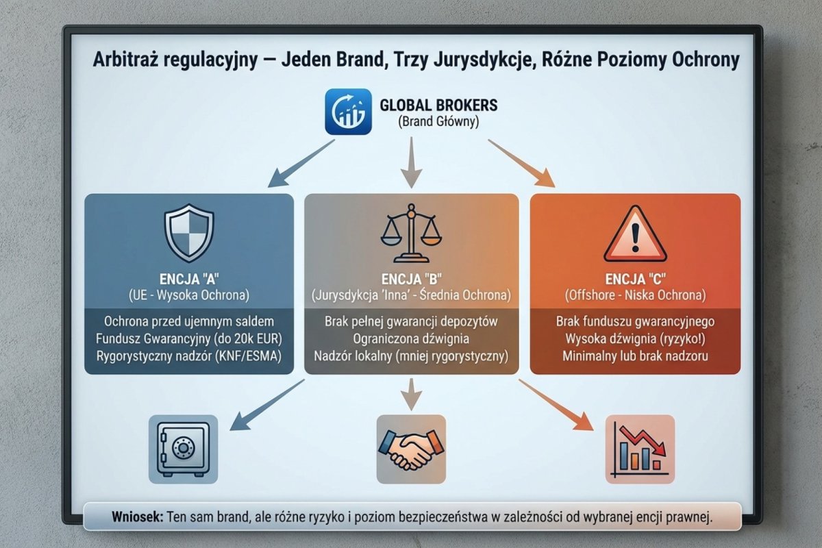 Arbitraż regulacyjny — ten sam brand brokerski, trzy encje prawne w różnych jurysdykcjach, trzy poziomy ochrony klienta