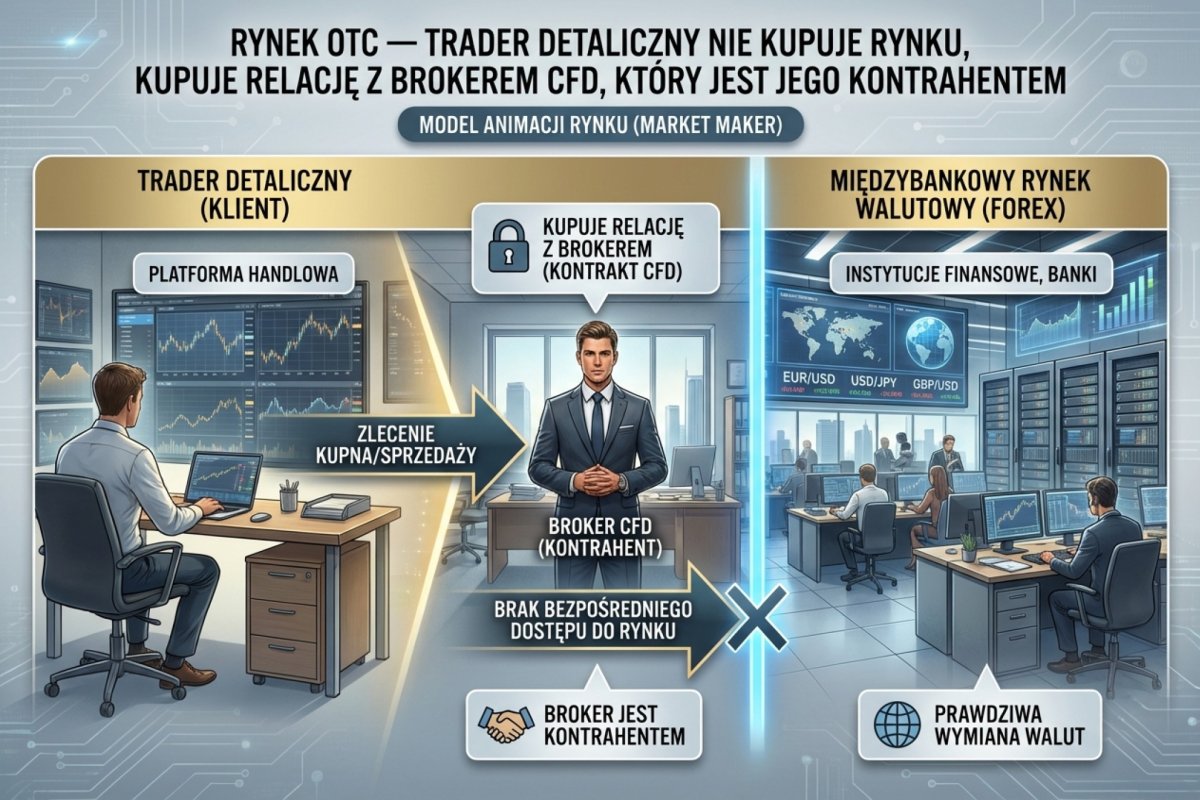 Rynek OTC — trader detaliczny nie kupuje rynku, kupuje relację z brokerem CFD, który jest jego kontrahentem
