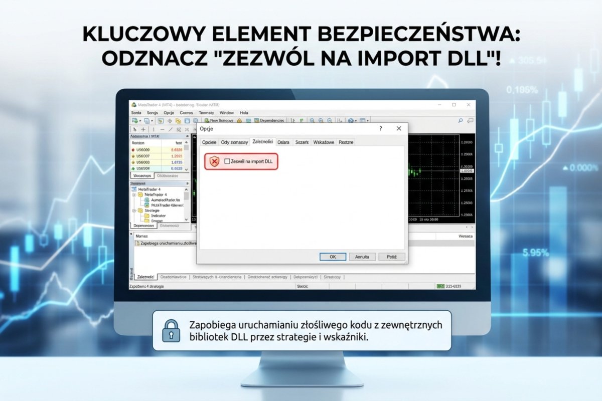 Zrzut ekranu zakładki Dependencies w MT4 z odznaczoną opcją Allow DLL imports jako kluczowy element bezpieczeństwa przed złośliwym kodem