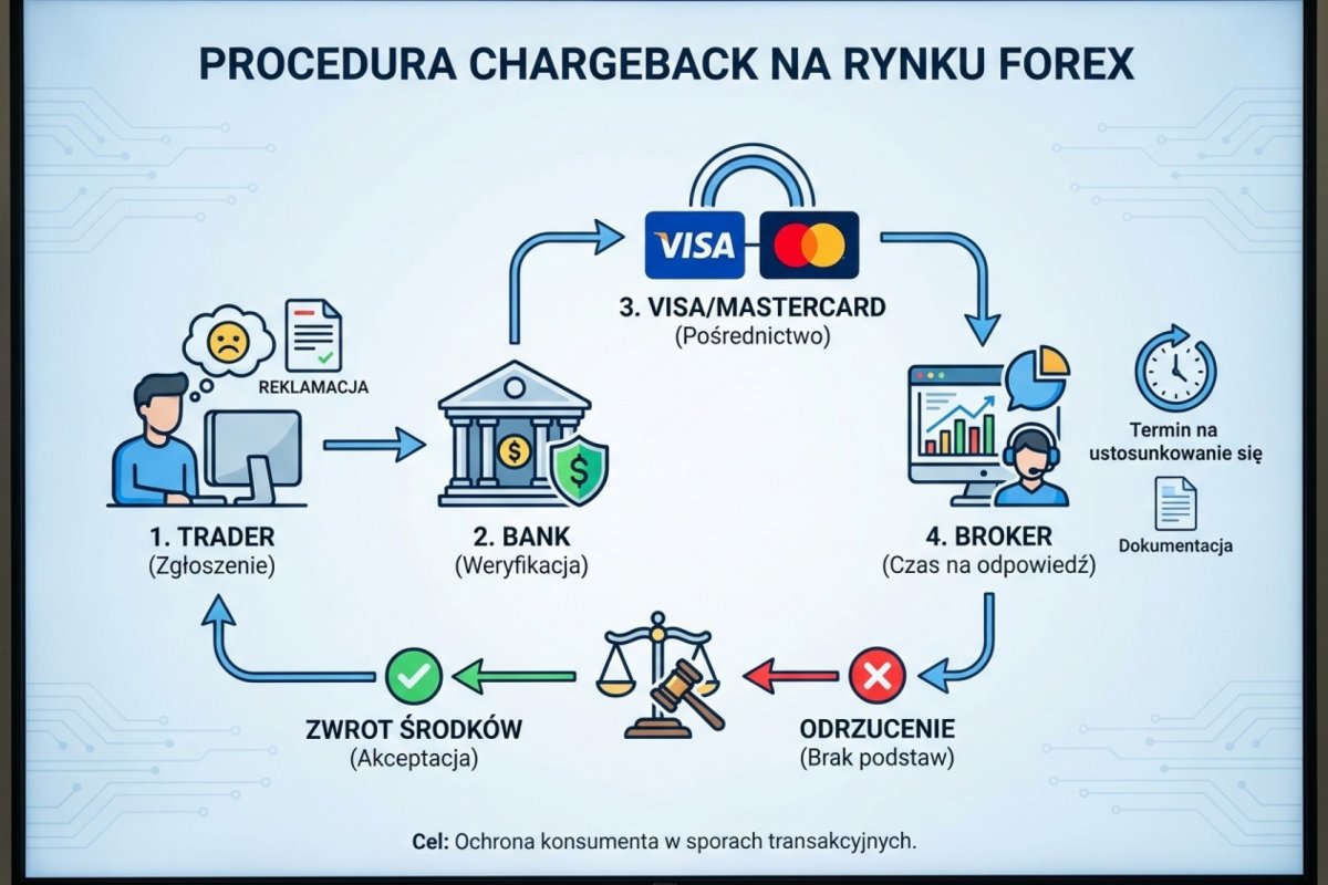 Procedura chargeback — trader zgłasza bank, bank kontaktuje Visa/Mastercard, broker ma czas na odpowiedź