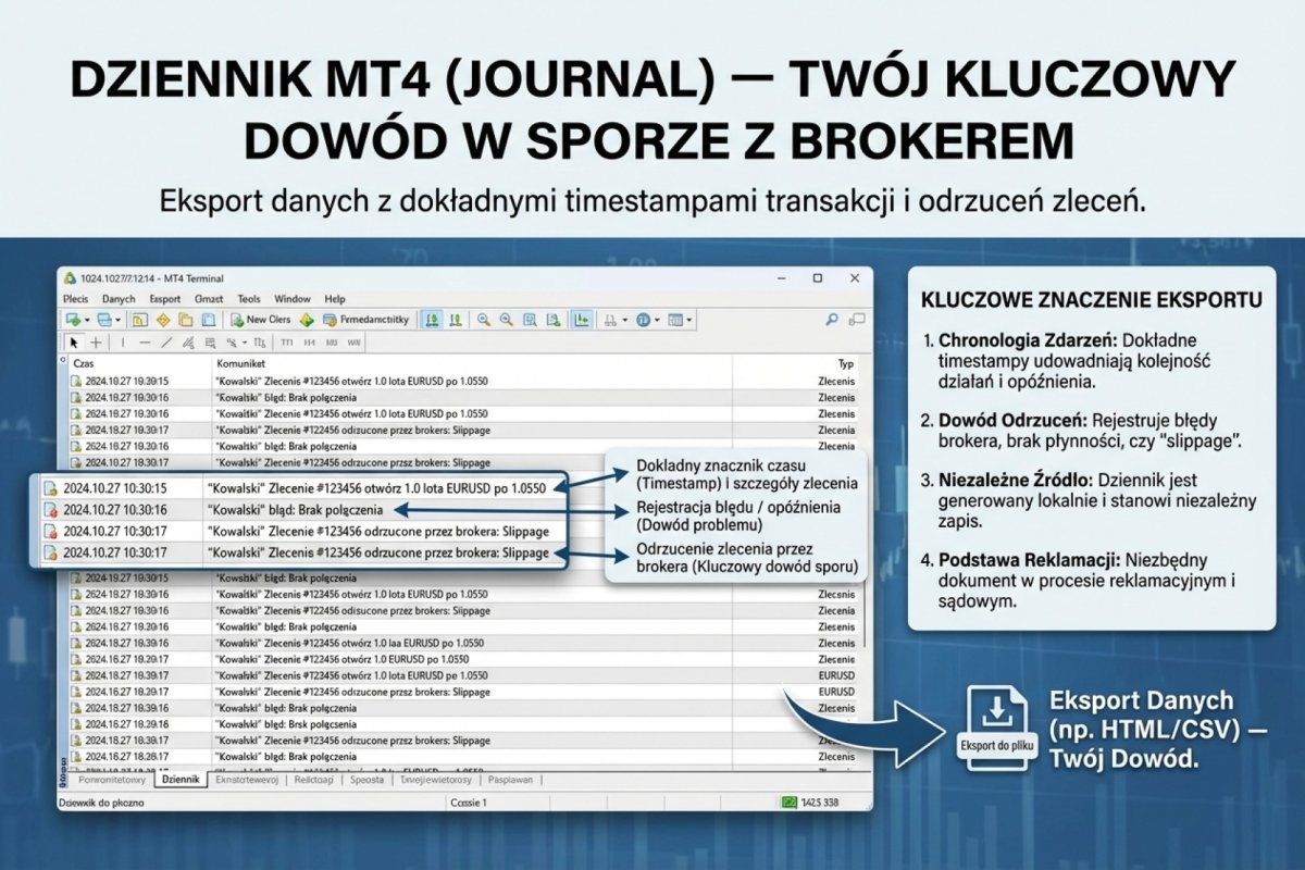 Eksport dziennika MT4 (Journal) z timestampami transakcji i odrzuceń zleceń — kluczowy dowód w sporze z brokerem