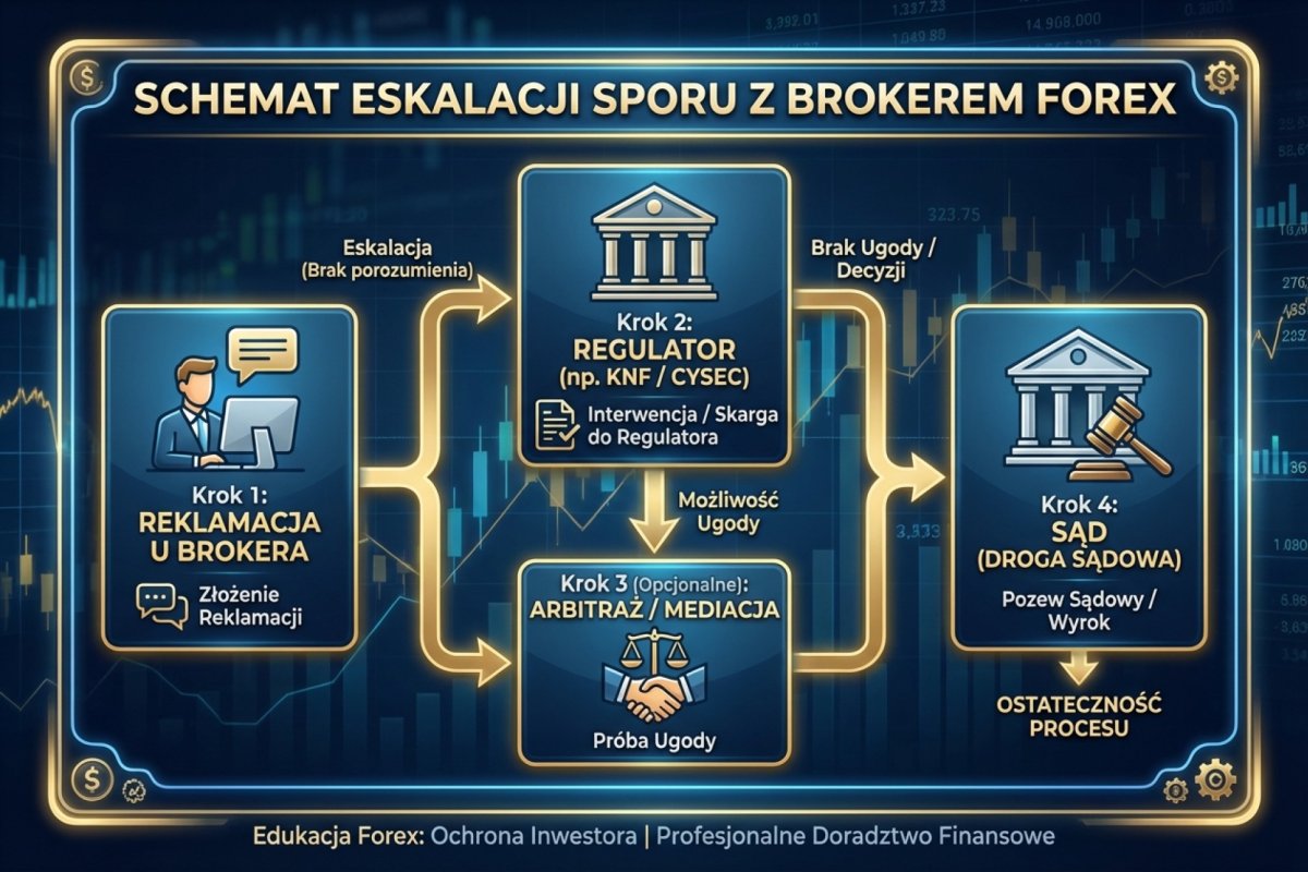 Schemat eskalacji sporu z brokerem — od reklamacji przez regulatora do arbitrażu i sądu
