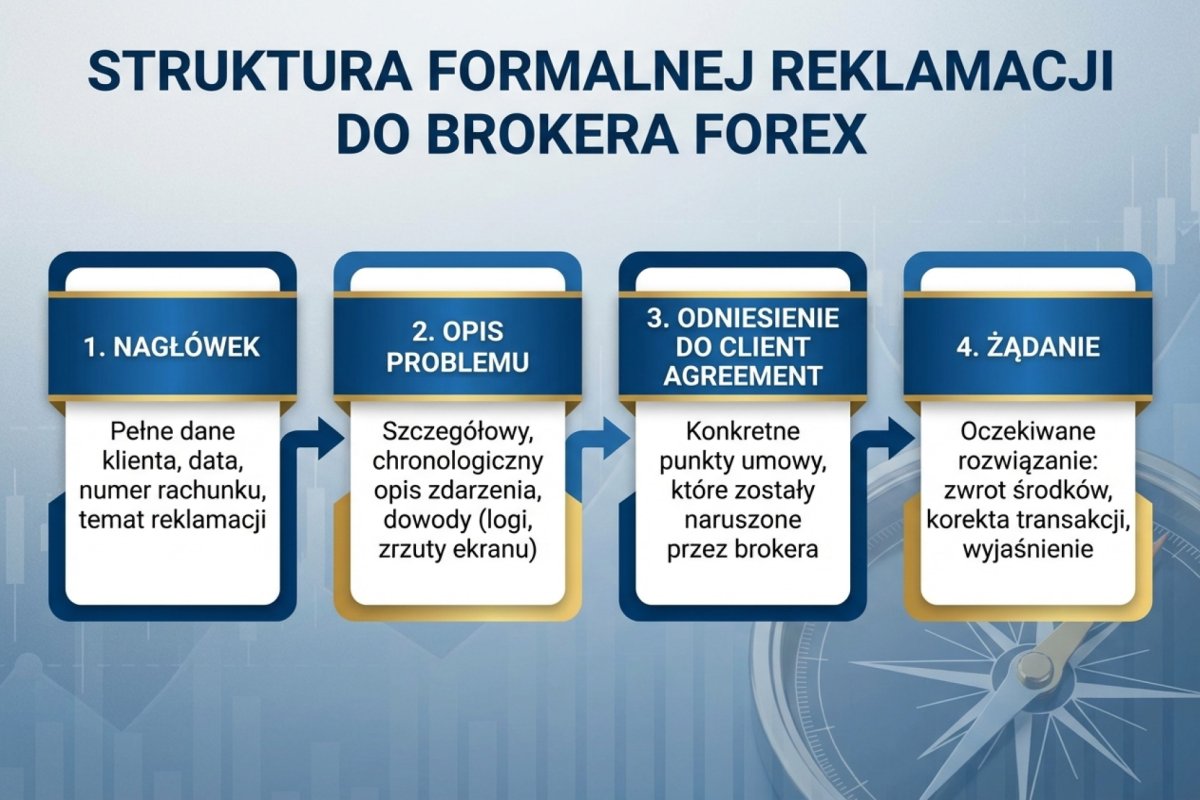 Struktura formalnej reklamacji do brokera — nagłówek, opis problemu, odniesienie do Client Agreement, żądanie