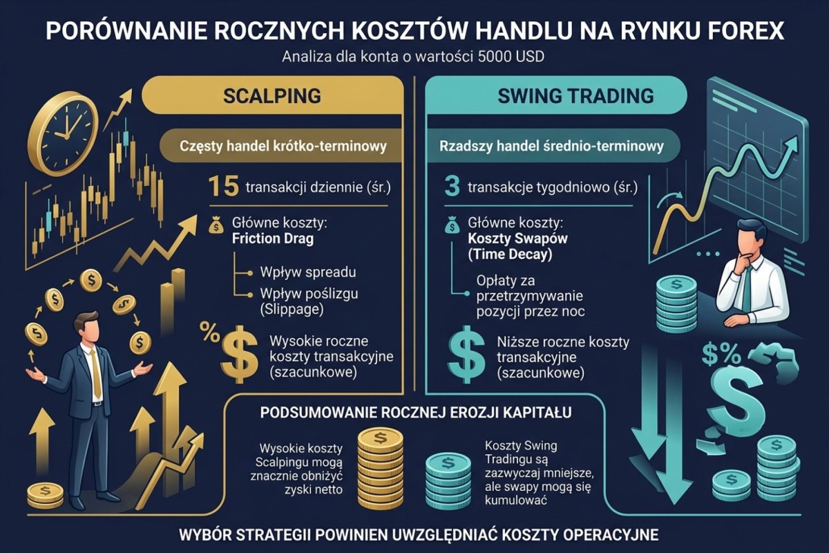 Dwa kształty narastania kosztu w skali roku: przy regule śróddziennej koszt przyrasta skokowo w chwili każdego wejścia i stoi w miejscu w dniach bez transakcji, przy regule kilkudniowej przyrasta równomiernie przy każdym rolowaniu i rośnie także wtedy, gdy nie zapada żadna decyzja; wartości ilustracyjne