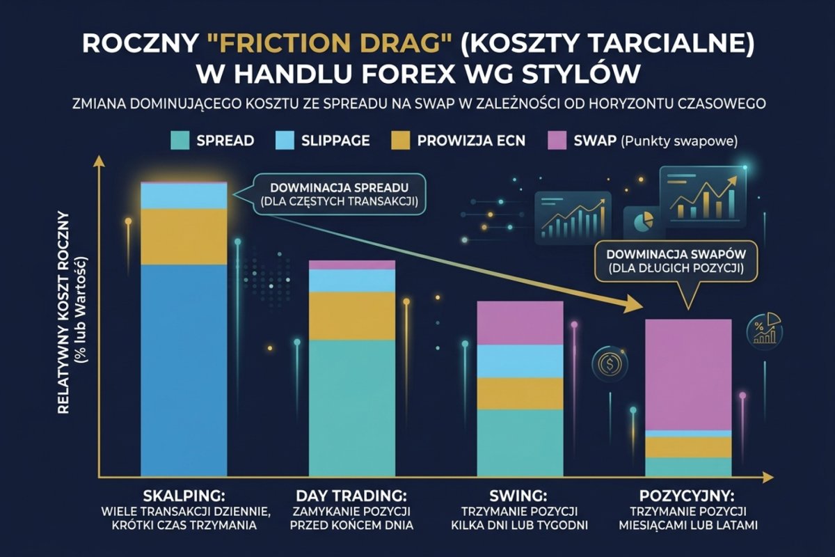 Profil kosztowy czterech stylów rozbity na dwa składniki liczbowo: 0,90 pipsa kosztu wejścia i zero dób odsetkowych przy scalpingu, 2,00 pipsa i zero dób przy handlu śróddziennym, 2,00 pipsa i osiem dób po 0,50 pipsa przy handlu kilkudniowym, 0,90 pipsa za dobę przez cały rok przy handlu pozycyjnym; wartości ilustracyjne