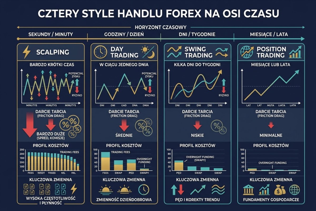 Cztery style ułożone według czasu życia pozycji wobec chwili rolowania: scalping i handel śróddzienny zamykają pozycję przed nią, handel kilkudniowy i pozycyjny przez nią przechodzą, i dopiero po tej stronie granicy do rachunku wchodzi składnik mnożony przez liczbę dób odsetkowych
