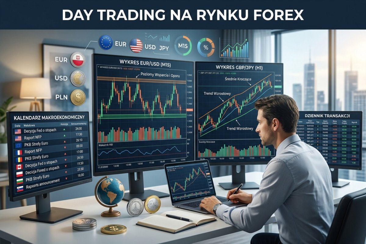 Oś doby handlowej na rynku Forex z zaznaczonym momentem rolowania na granicy dnia serwerowego i oknem, w którym reguła day tradingu zamyka pozycje
