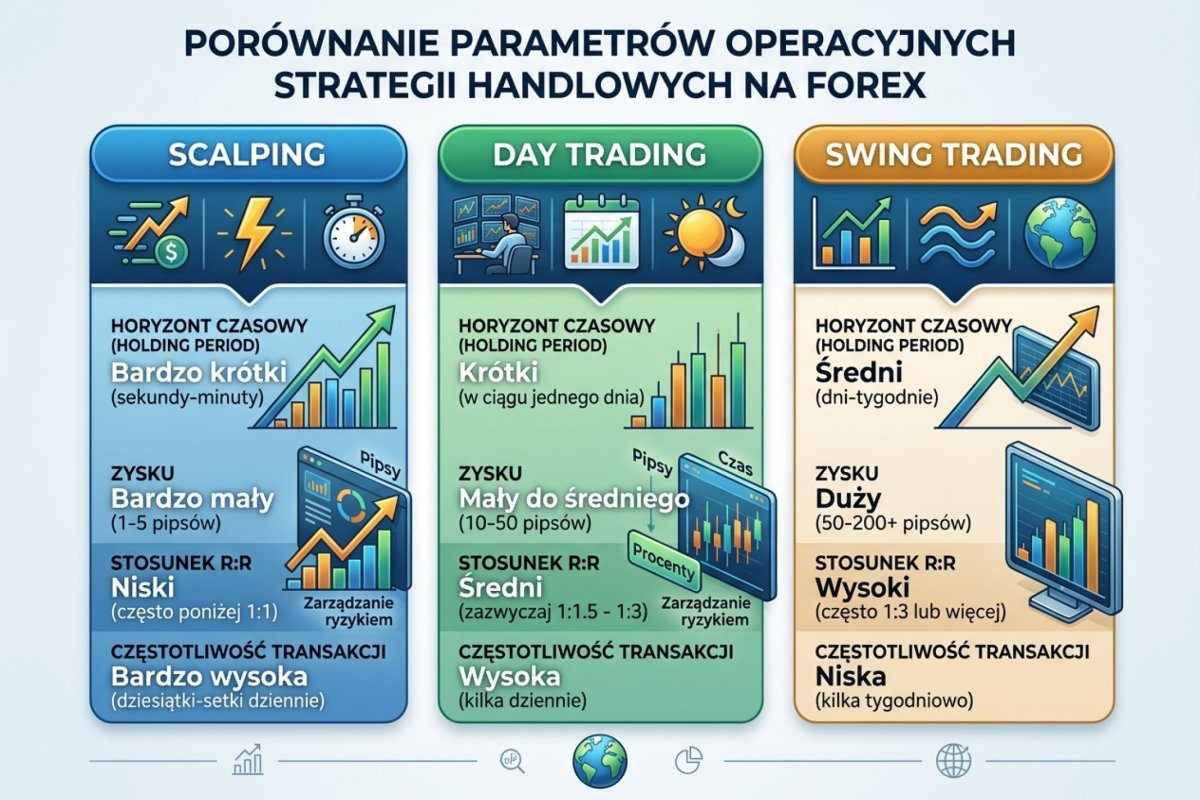 Dwa mechanizmy narastania kosztu przy różnych horyzontach utrzymania pozycji: koszt wejścia mnożony przez liczbę transakcji oraz koszt utrzymania mnożony przez czas, w jakim pozycja pozostaje otwarta