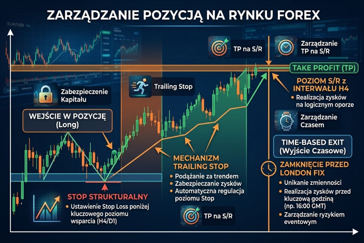 Reguły wyjścia obowiązujące w jednej pozycji: poziom celu, poziom obronny oraz zamknięcie z tytułu upływu czasu, przy czym w regule dziennej to ostatnie występuje w dwóch wariantach — względnym i bezwzględnym