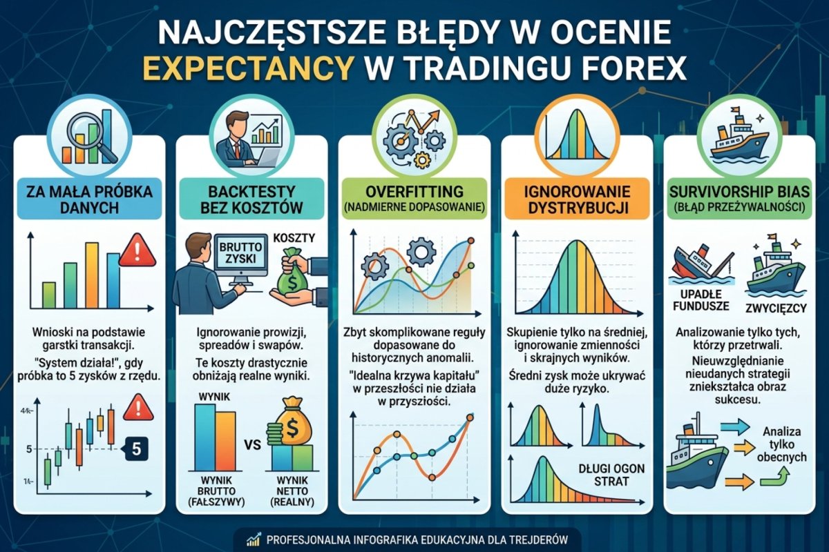 Cztery błędy unieważniające rachunek wartości oczekiwanej: selekcja wariantu po wyniku, wielokrotne testowanie rozłożone w czasie, obciążenie przeżycia w doborze uniwersum oraz użycie informacji niedostępnej w chwili decyzji