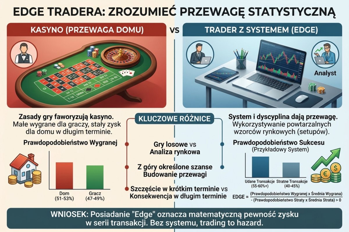 Trzy warunki definicji operacyjnej przewagi: dodatnia wartość oczekiwana po pełnych kosztach, oszacowanie na jawnej próbie wraz z niepewnością oraz potwierdzenie poza danymi, na których reguła powstała