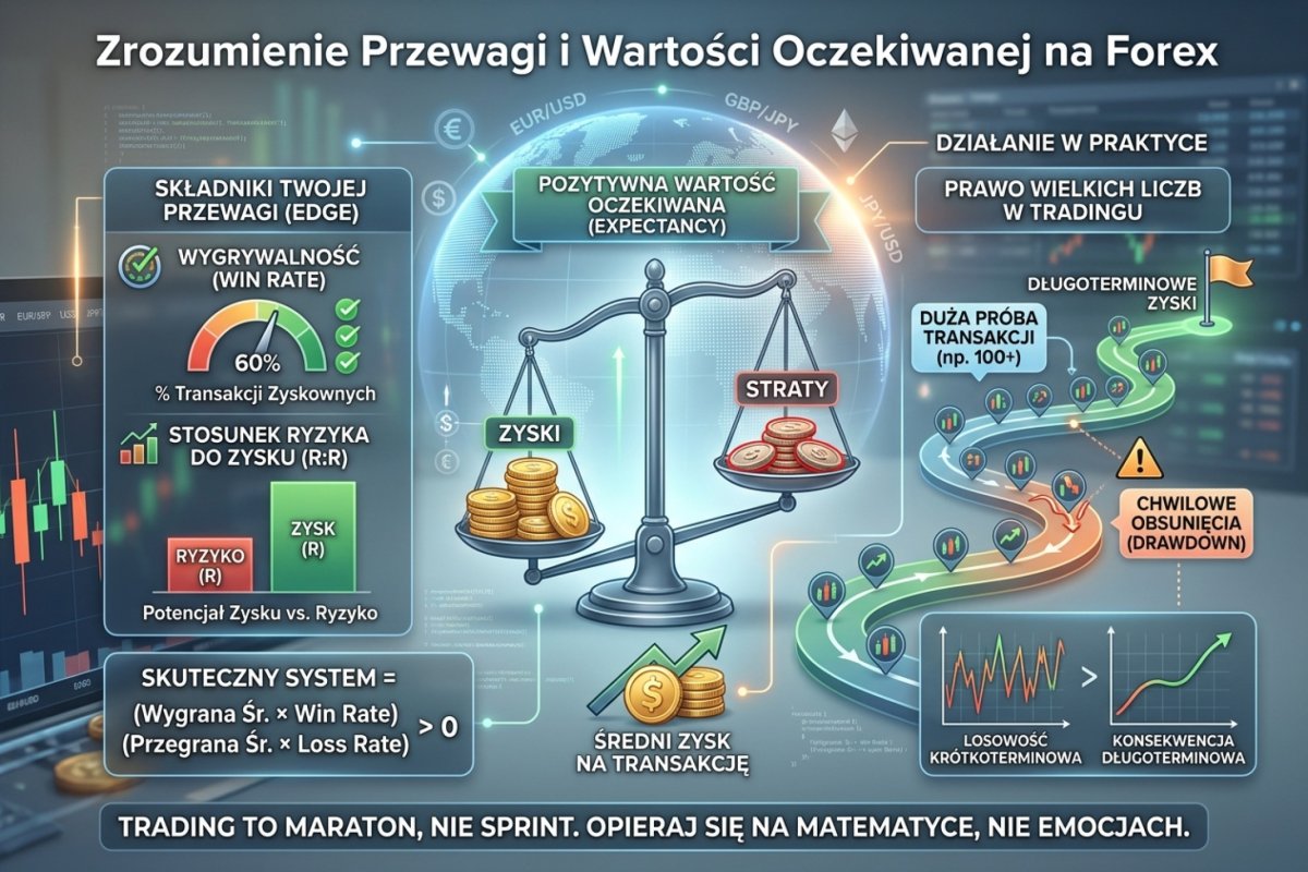 Edge i wartość oczekiwana na rynku Forex — wzór na wartość oczekiwaną, progowa trafność po kosztach i niepewność oszacowania na próbie