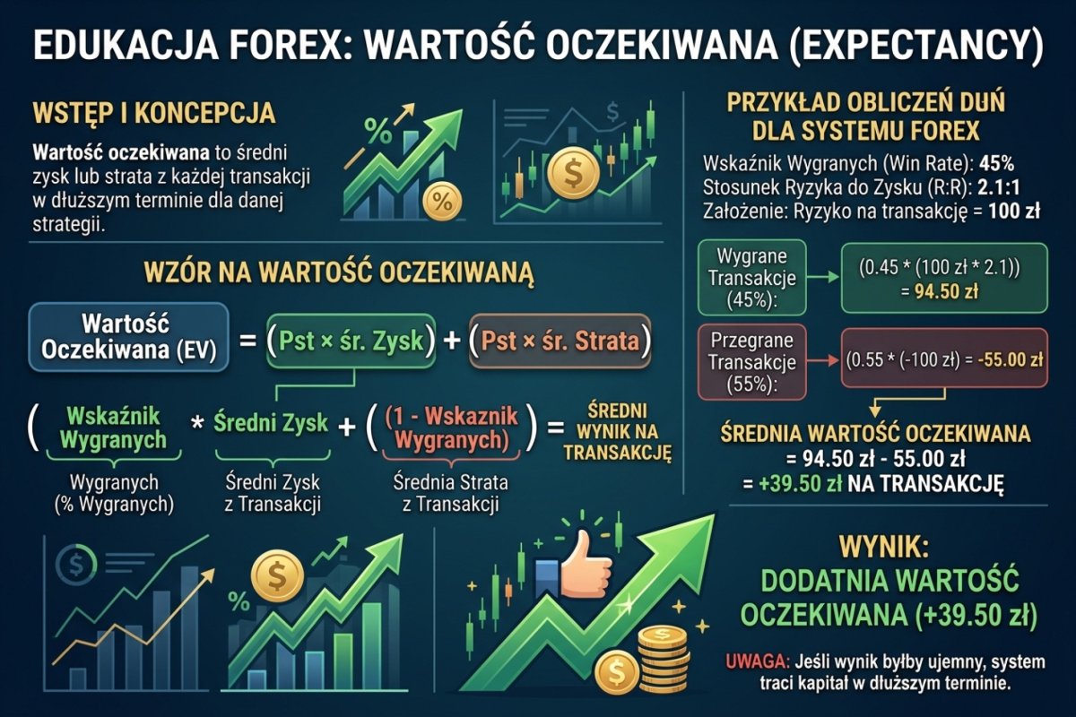 Wartość oczekiwana serii ilustracyjnej A: cel 30 pipsów, wyjście obronne 20 pipsów, trafność 45% i koszt 1,7 pipsa dają +2,5 pipsa brutto i +0,8 pipsa netto, czyli +0,125R i +0,040R