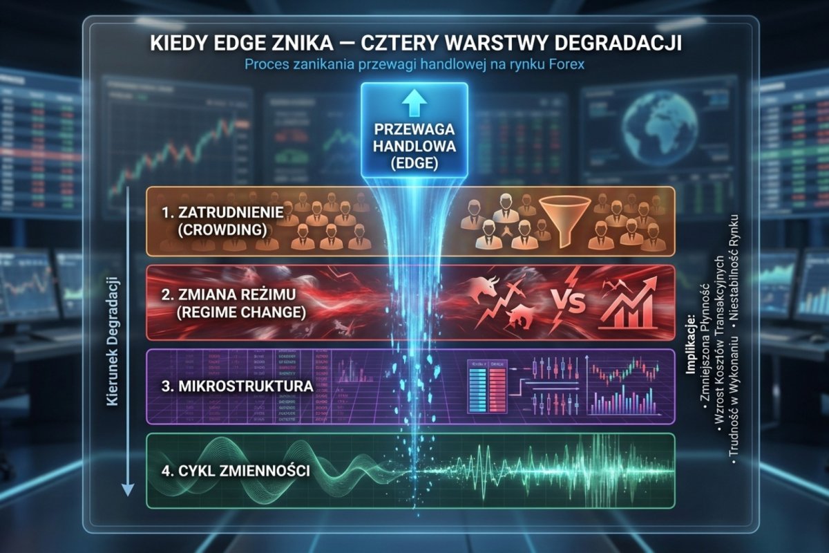 Cztery przyczyny rozjazdu między policzoną wartością oczekiwaną a wynikiem osiąganym później: zmiana poziomu kosztu, zmiana rozkładu ruchów instrumentu, zmiana wersji reguły w trakcie zbierania serii oraz zwykła losowość przy szerokim przedziale oszacowania