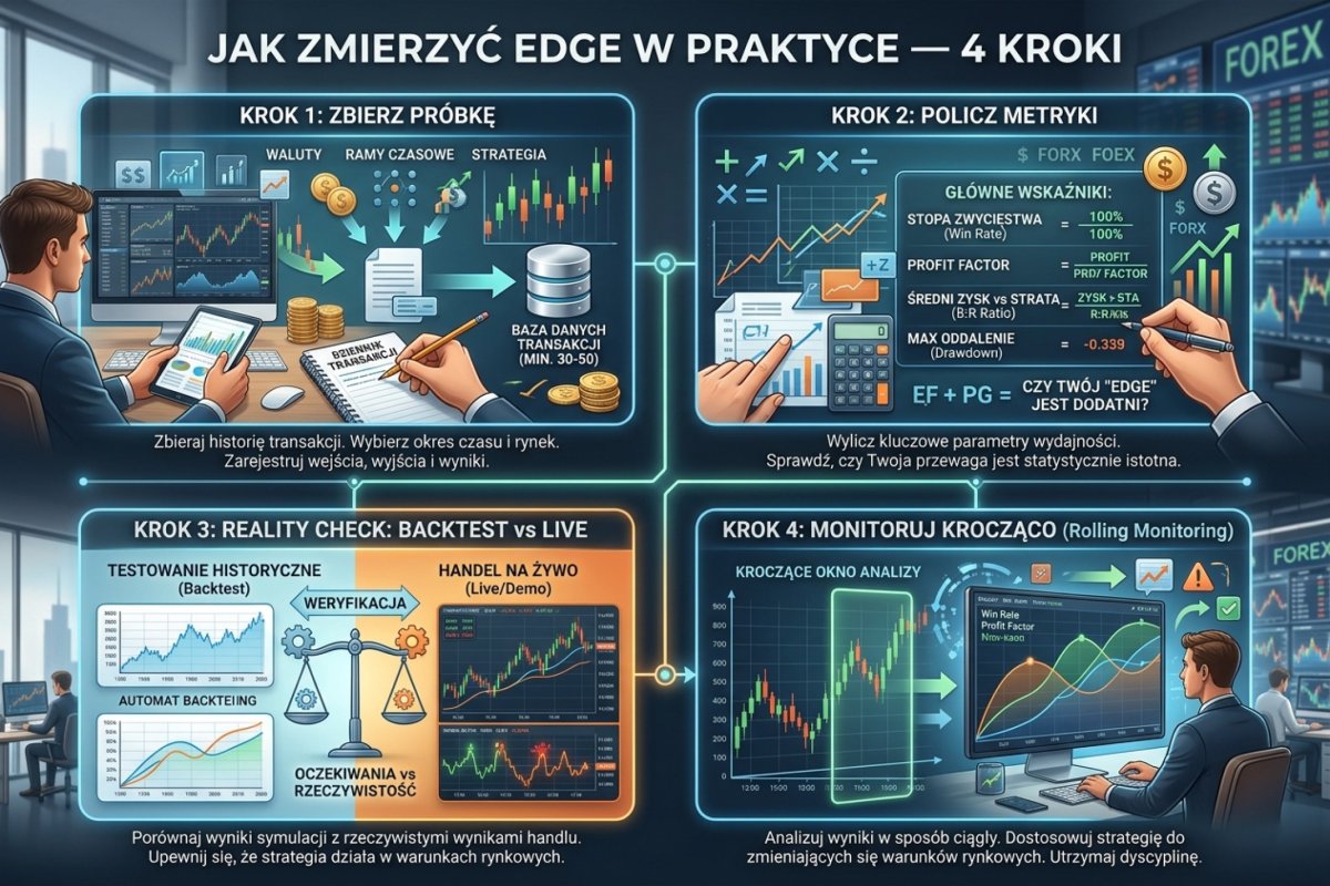 Cztery kroki rachunku wartości oczekiwanej na własnej serii: zebranie serii z przypisanym statusem, wyliczenie p, Z, S i K jako średnich z ewidencji, podstawienie do wzorów oraz oszacowanie niepewności i sprawdzenie kształtu rozkładu