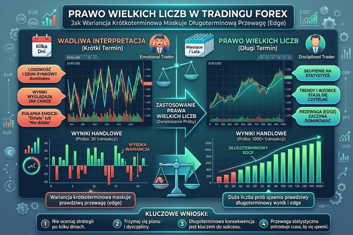 Niepewność oszacowania maleje jak pierwiastek z liczby transakcji, a nie proporcjonalnie do niej: czterokrotne zwiększenie próby zmniejsza połowę szerokości przedziału dokładnie o połowę, bo pierwiastek z czterech wynosi dwa