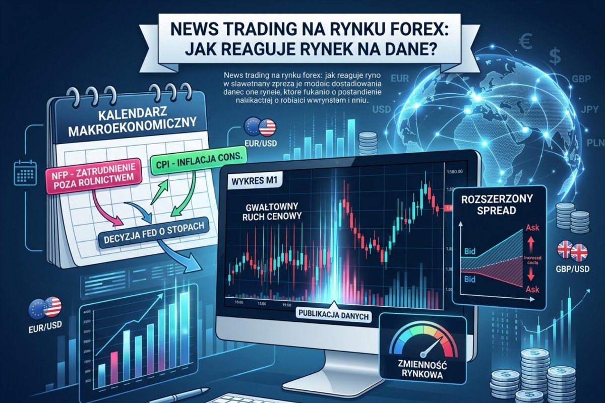 Okno publikacji danych na rynku Forex — termin publikacji w kalendarzu oraz wykres minutowy z gwałtownym ruchem, rozszerzonym spreadem i ceną wykonania odbiegającą od poziomu zlecenia