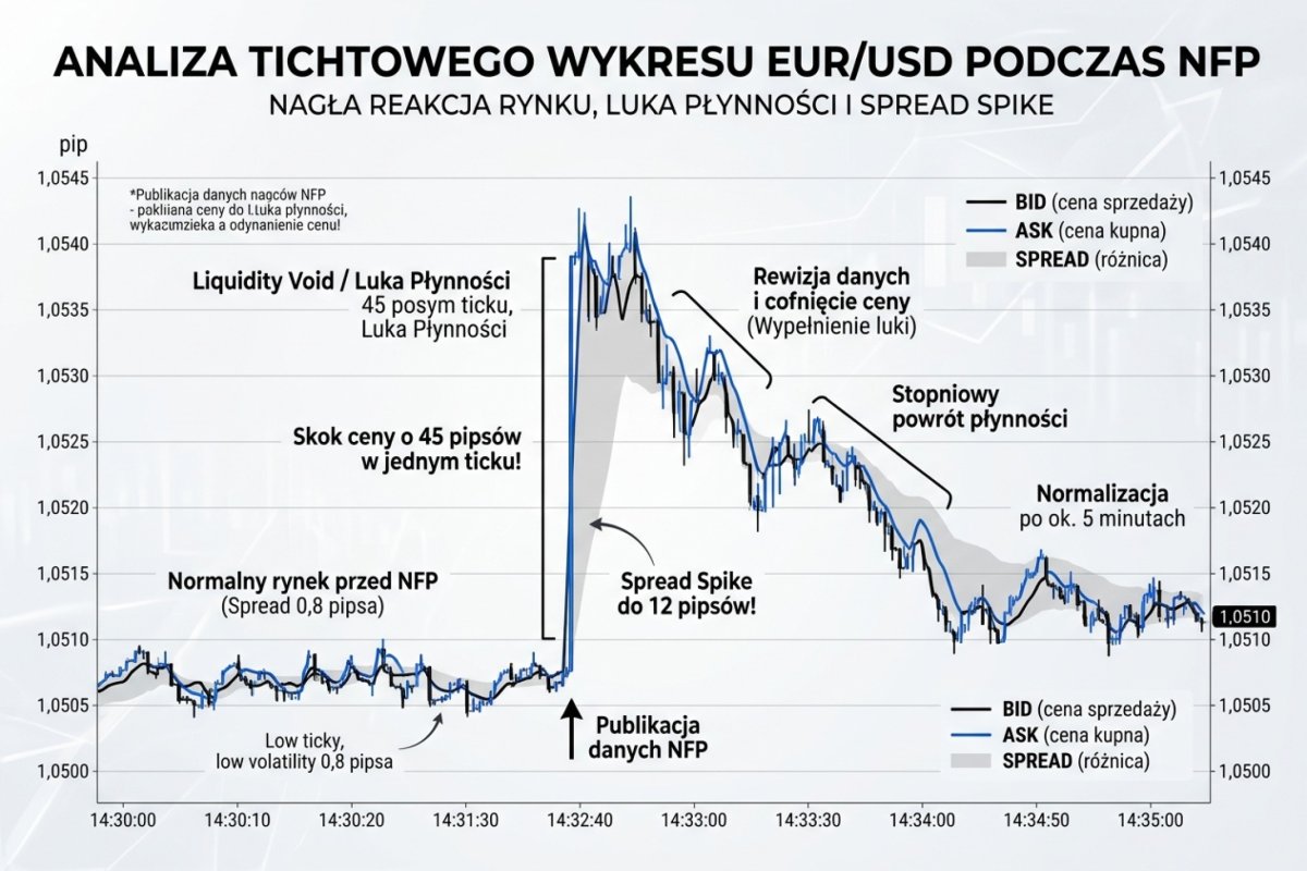 Przebieg notowań EUR/USD w oknie publikacji na danych tikowych: poziom zapisany w zleceniu wobec pierwszej dostępnej ceny wykonania i wynikający z przesunięcia podział sumy Z + S między cel a wyjście obronne
