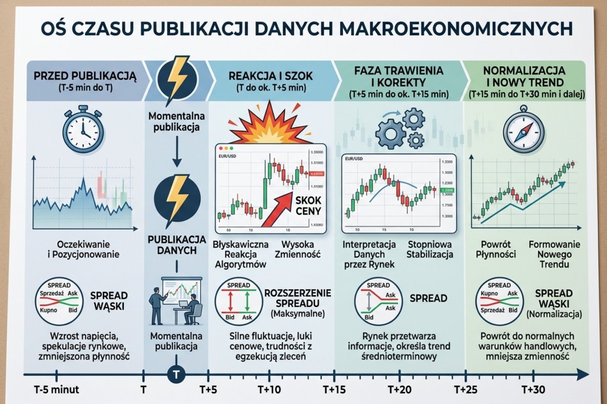 Oś czasu wokół publikacji danych z rozdzieleniem dwóch składników kosztu, które zachowują się inaczej: spreadu odczytywalnego przed decyzją oraz poślizgu znanego dopiero po wykonaniu zlecenia