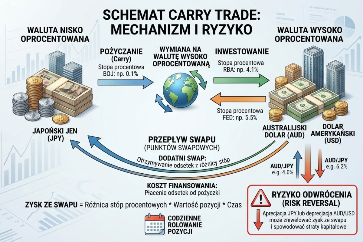 Roczna suma naliczeń przy stawce +0,90 pipsa za dobę odsetkową: 365 dób daje 328,50 pipsa, czyli 3,285% wartości nominalnej pozycji przy kursie 100,000; wartości ilustracyjne