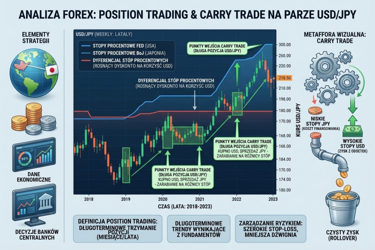 Position trading i carry trade — roczny strumień naliczeń punktów swapowych zestawiony z zakresem wahań kursu w tym samym okresie