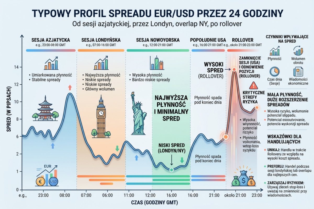 Zmienność kosztu obrotu w dobie i jej skutek dla rachunku: ten sam cel pięciopipsowy przy spreadzie wąskim i rozszerzonym daje próg 59,0% wobec 69,0%; wartości ilustracyjne