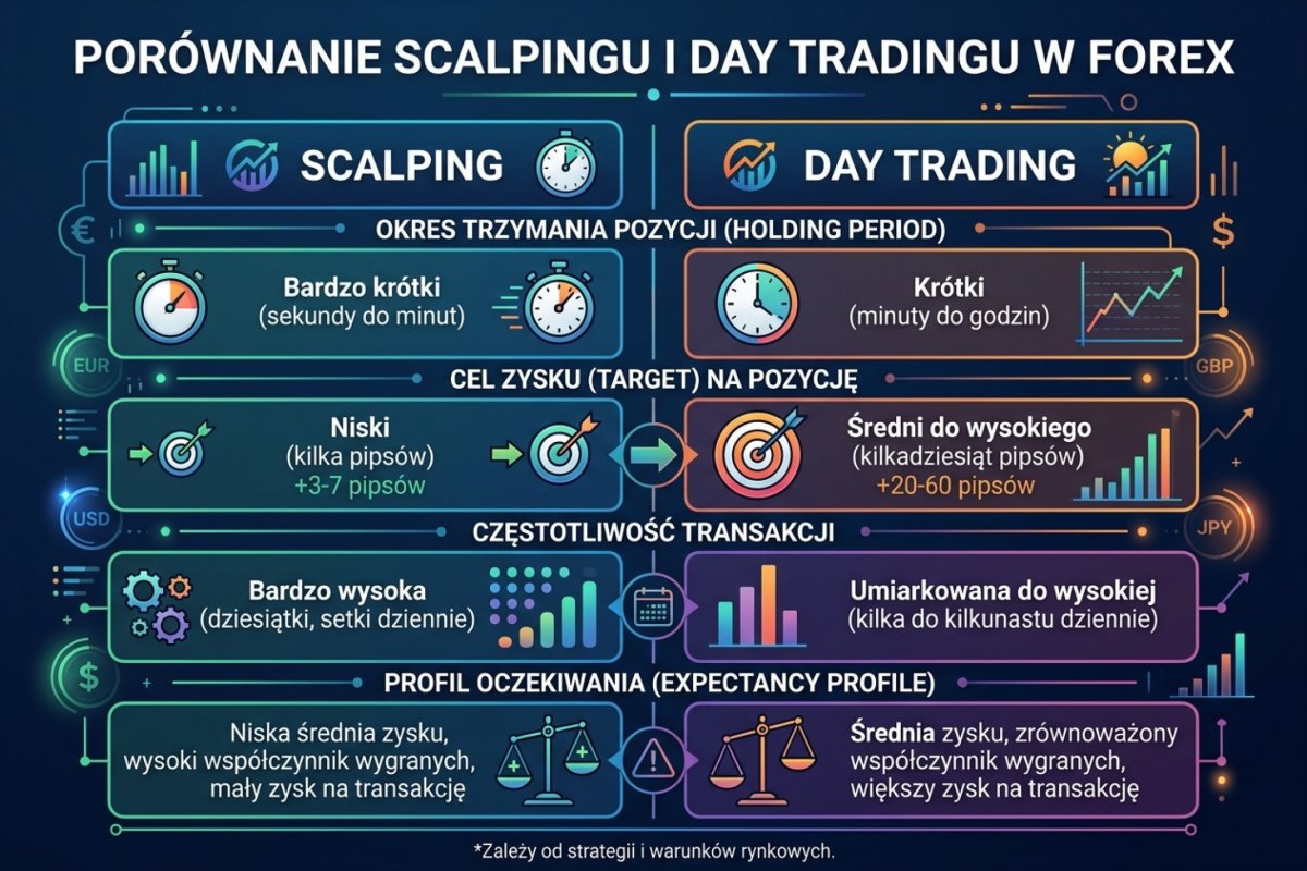 Operacyjne cechy scalpingu wobec day tradingu: czas utrzymania pozycji, przechodzenie przez rolowanie, tryb pracy i wynikający z nich dominujący składnik kosztu