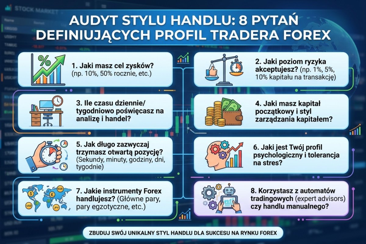 Osiem pytań audytu stylu handlu: czas utrzymania pozycji, rolowanie, weekend, liczba decyzji w tygodniu, tryb oceny warunku, interwał oceny, zamykanie z upływu czasu i liczba transakcji w roku