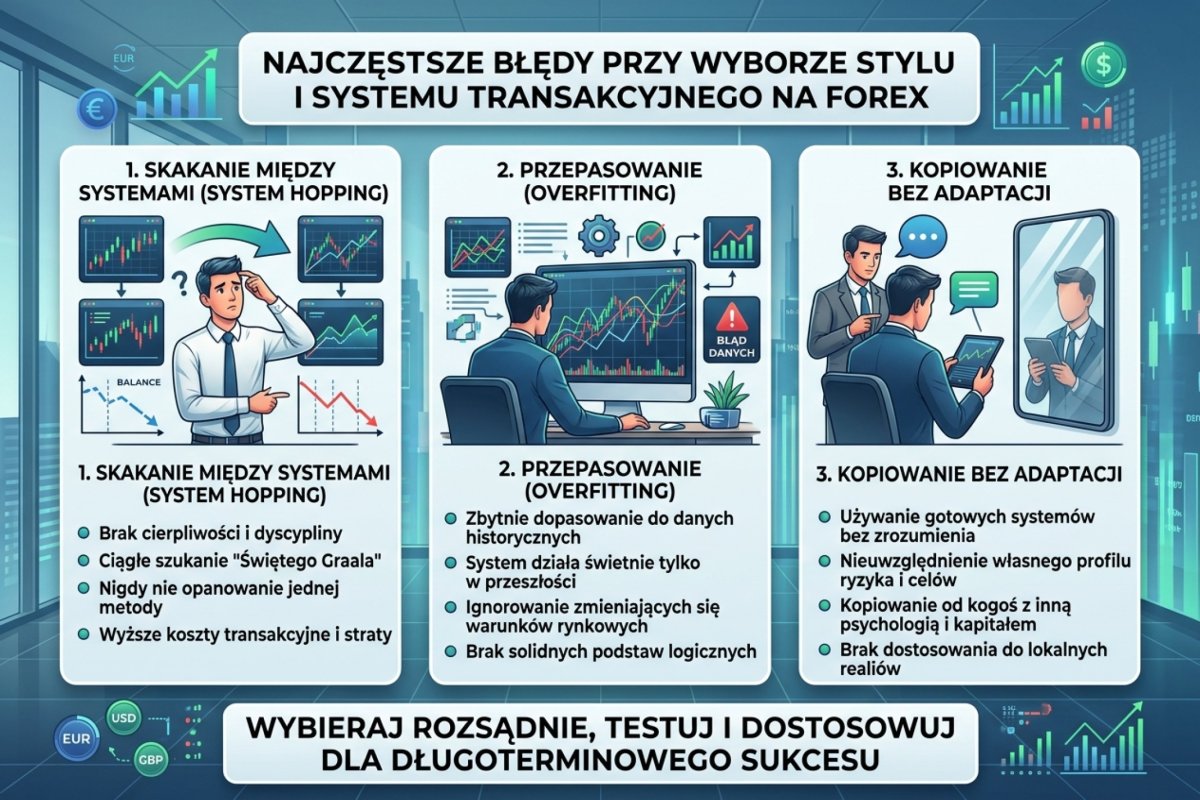 Najczęstsze błędy przy rozróżnianiu stylu i systemu transakcyjnego: zapis pozornie jednoznaczny, zmiana systemu po serii wyników, mylenie horyzontu z interwałem i brak stałego horyzontu