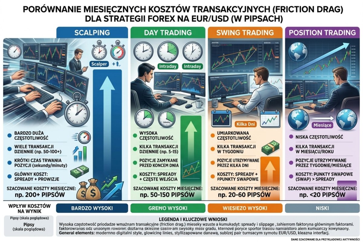 Dwa mechanizmy narastania kosztu: koszt wejścia mnożony przez liczbę transakcji przy stylach szybkich i punkty swapowe mnożone przez liczbę dób odsetkowych przy stylach wolnych