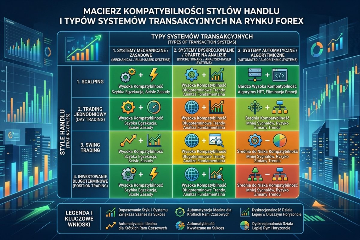 Macierz zależności między stylem handlu a składnikami systemu transakcyjnego: na które składniki styl wpływa częściowo, którym zawęża zbiór wykonalnych wariantów, a których nie rozstrzyga