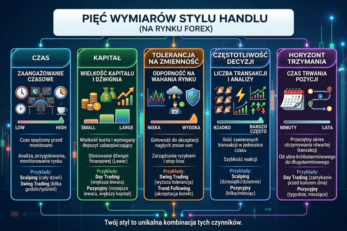 Pięć wymiarów operacyjnej definicji stylu handlu: horyzont utrzymania pozycji, przechodzenie przez rolowanie, przechodzenie przez weekend, częstotliwość decyzji i tryb pracy