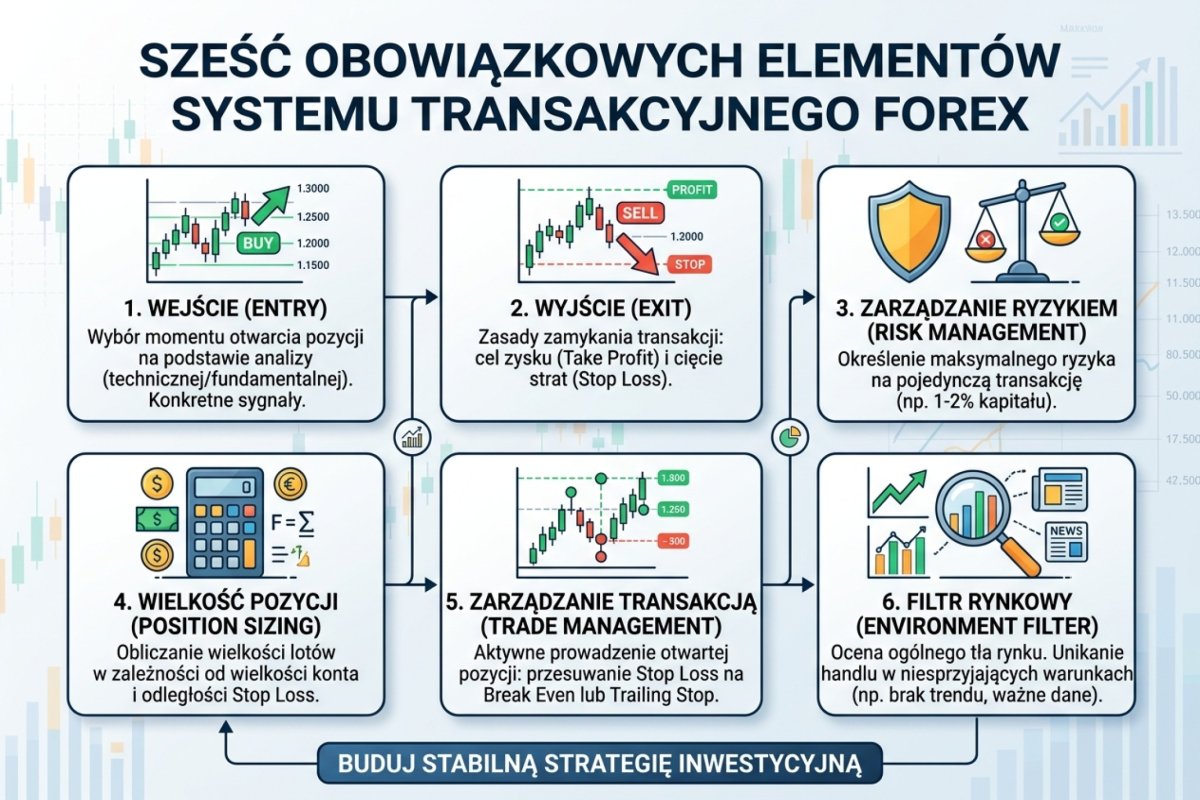 Zapis systemu wzdłuż osi zakres — decyzja — utrwalenie: uniwersum instrumentów i moment oceny warunku wyznaczają zakres, warunek wejścia oraz oba wyjścia rozstrzygają decyzję, a ewidencja utrwala jej przebieg; pełną listę minimalną podaje tabela powyżej