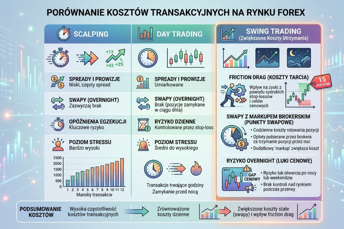 Dwa składniki kosztu jednej transakcji kilkudniowej na wartościach ilustracyjnych: koszt wejścia i wyjścia 2,0 pipsa oraz koszt utrzymania 4,0 pipsa z ośmiu dób odsetkowych, razem 4,0% celu wynoszącego 150 pipsów