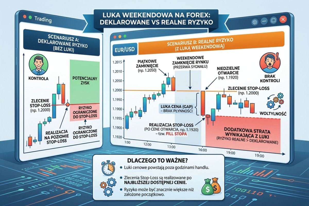 Wykonanie wyjścia obronnego przy nieciągłości notowań: poziom zapisany w zleceniu 1,07650, ostatnie kwotowanie przed przerwą 1,07900, cena wykonania po przerwie 1,06980 — zrealizowana odległość 142 pipsy wobec zapisanych 75. Wartości ilustracyjne